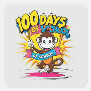 100 Days of School Celebration Monkey Fun Graphic Square Sticker