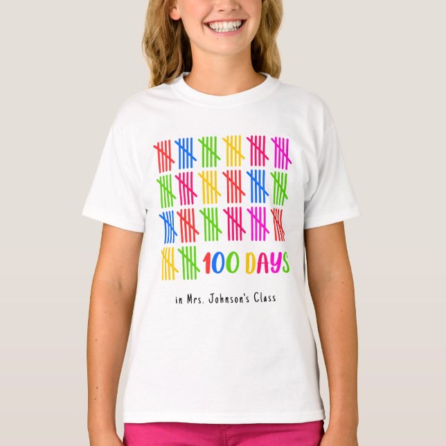 100 Days of School Colourful Tally Mark T-Shirt (Front)