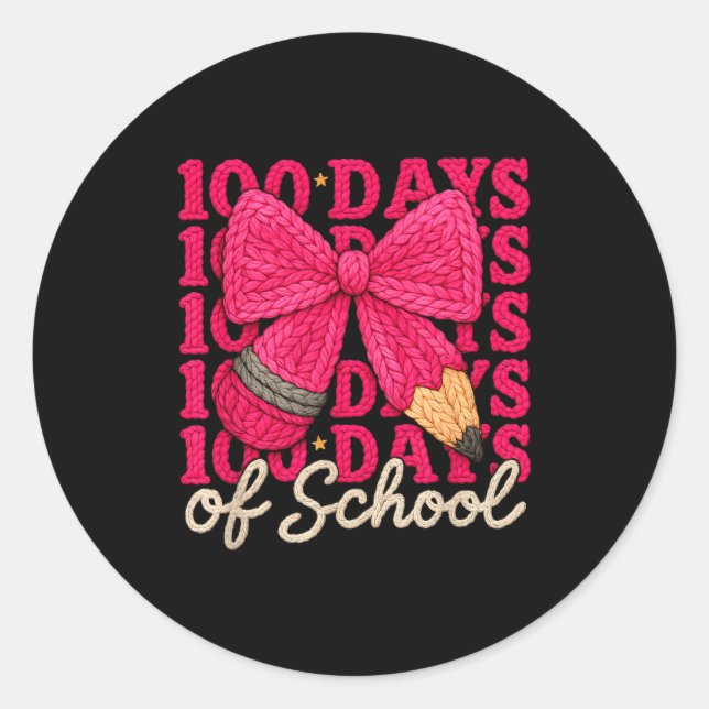 100 Days Of School Crochet Bow Pencil 100th Day Of Classic Round Sticker (Front)