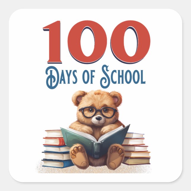 100 Days of School Cute Bear Reading Classroom Square Sticker (Front)