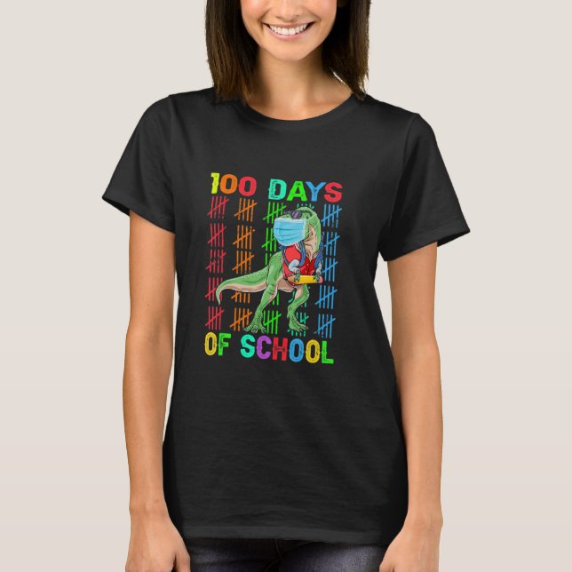 100 Days Of School Dinosaur Rex Wearing Mask Smart T-Shirt (Front)