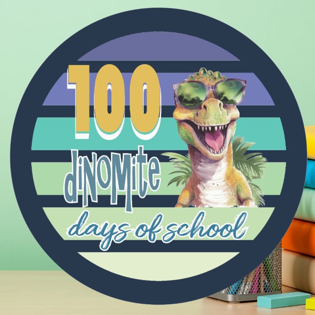 100 Days of School Dinosaur Student Teacher Classic Round Sticker (School Stickers to celebrate 100 Days of School. Dinosaur retro vintage. )