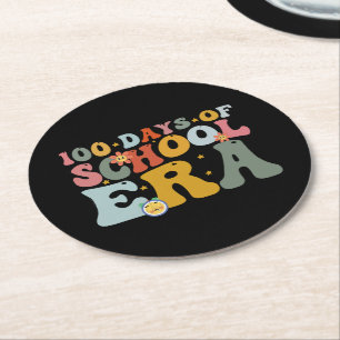  100 Days Of School Era Groovy Teacher Kids Round Paper Coaster