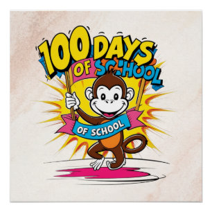 100 Days of School Fun Cartoon Monkey Design Poster