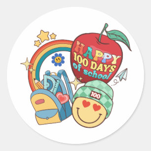 100 Days of School Happy Retro Groovy Classic Round Sticker