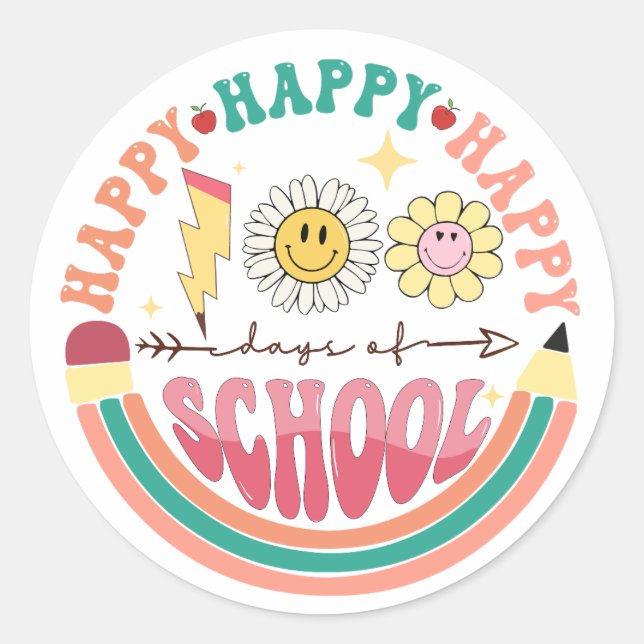 100 Days of School Happy Retro Groovy Classic Round Sticker (Front)