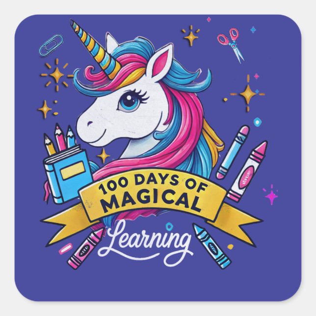 100 Days of School Magical Learning Cute Unicorn Square Sticker (Front)