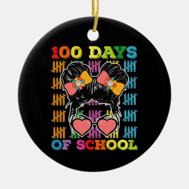 100 Days Of School Messy Bun Teacher Ceramic Tree Decoration (Front)