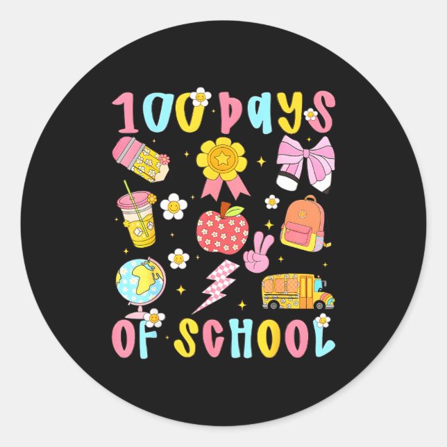 100 Days Of School Rainbow Bow Book Teacher Girl W Classic Round Sticker (Front)