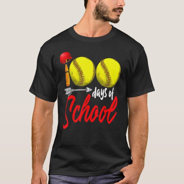 100 Days of School Softball Teacher Kids 100th Day T-Shirt (Front)