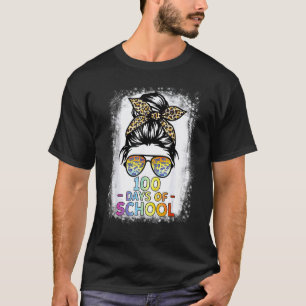 100 Days Of School Teacher Women Messy Bun Leopard T-Shirt