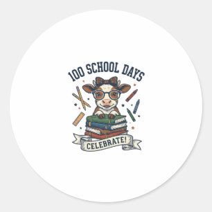 100 Days School Cow Vintage Engraving Teacher Shir Classic Round Sticker