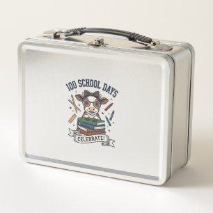 100 Days School Cow Vintage Engraving Teacher Shir Metal Lunch Box