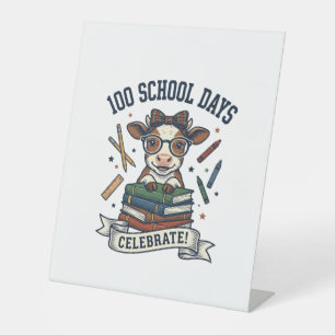 100 Days School Cow Vintage Engraving Teacher Shir Pedestal Sign