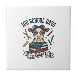 100 Days School Cow Vintage Engraving Teacher Shir Tile