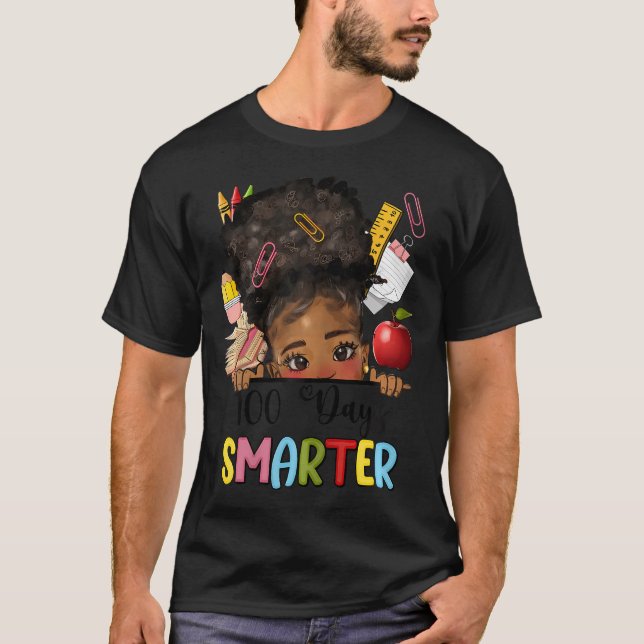 100 Days Smarter Afro Girls Messy Bun 100Th Day Of T-Shirt (Front)