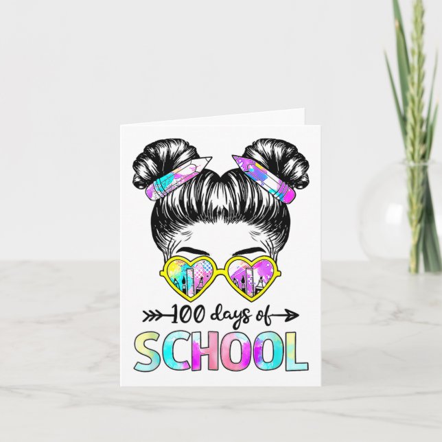 100 Days Smarter Girls Messy Bun Hair 100th Day 1  Card (Front)