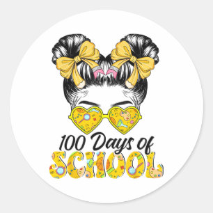 100 Days Smarter Girls Messy Bun Hair 100th Day Of Classic Round Sticker