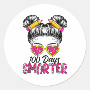 100 Days Smarter Girls Messy Bun Hair 100th Day Of Classic Round Sticker