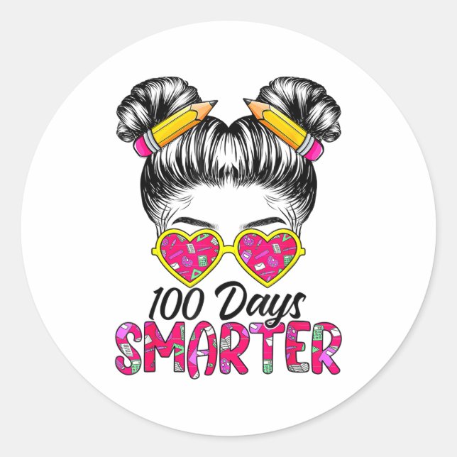 100 Days Smarter Girls Messy Bun Hair 100th Day Of Classic Round Sticker (Front)