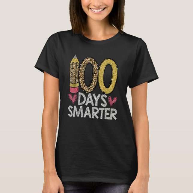 100 Days Smarter Leopard 100th Day Of School Teach T-Shirt (Front)