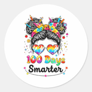 100 Days Smarter Messy Bun 100th Day Of School Gir Classic Round Sticker