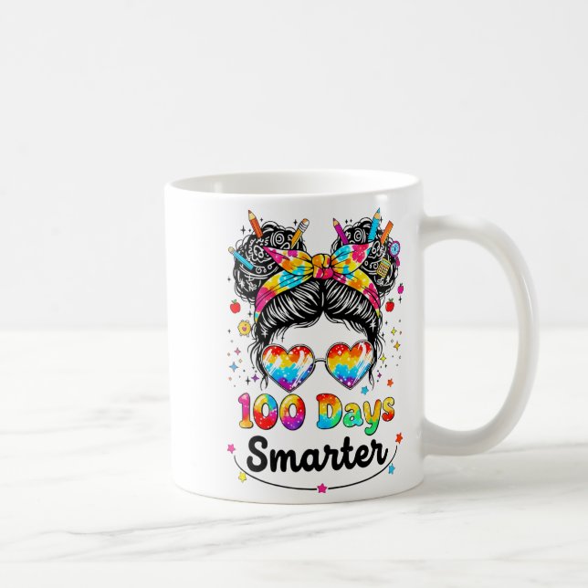 100 Days Smarter Messy Bun 100th Day Of School Gir Coffee Mug (Right)