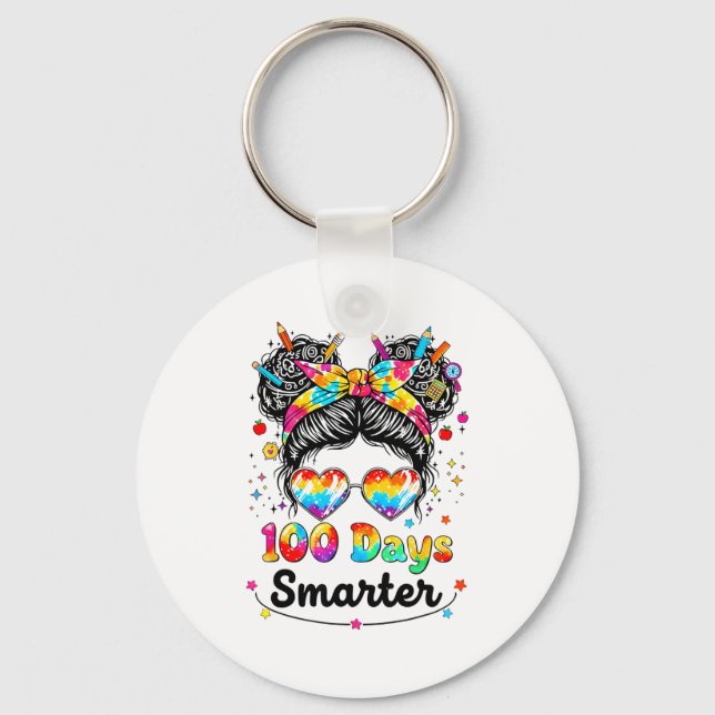 100 Days Smarter Messy Bun 100th Day Of School Gir Key Ring (Front)