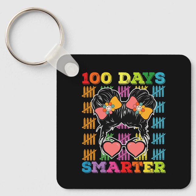 100 Days Smarter Messy Bun 100th Day Of School Key Ring (Front)