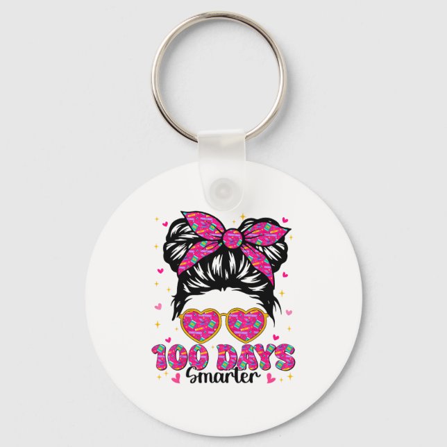 100 Days Smarter Messy Bun 100th Day Of School Tea Key Ring (Front)