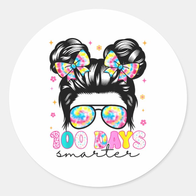 100 Days Smarter Messy Bun Girl 100th Day Of Schoo Classic Round Sticker (Front)