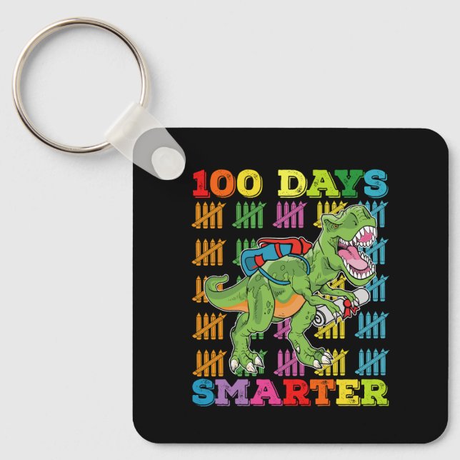 100 Days Smarter T Rex Dinosaur 100th Day School Key Ring (Front)