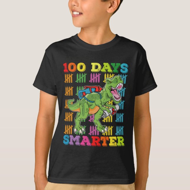 100 Days Smarter T Rex Dinosaur 100th Day School T-Shirt (Front)