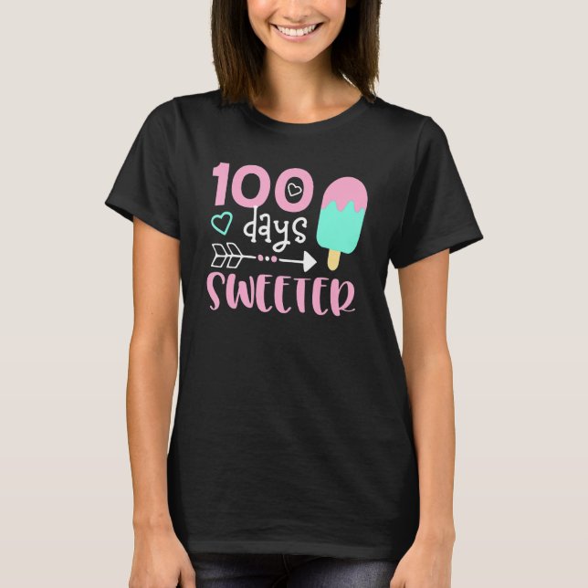 100 Days Sweeter, Girl 100 Days Of School, Ice Cre T-Shirt (Front)