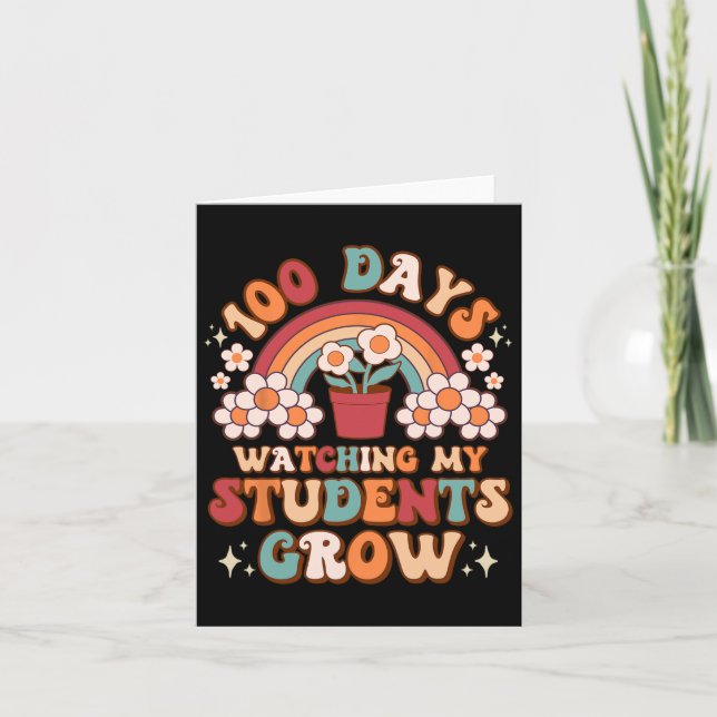 100 Days Watching Students Grow Boho Rainbow Flowe Card (Front)