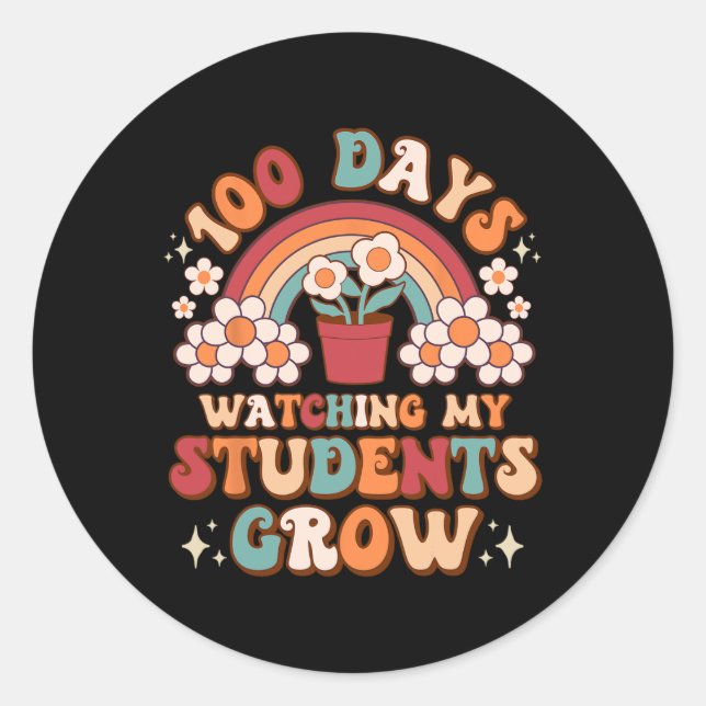 100 Days Watching Students Grow Boho Rainbow Flowe Classic Round Sticker (Front)