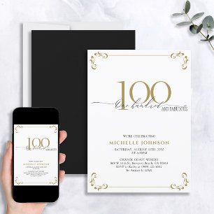 100 & Fabulous Black White & Gold Birthday Invitation