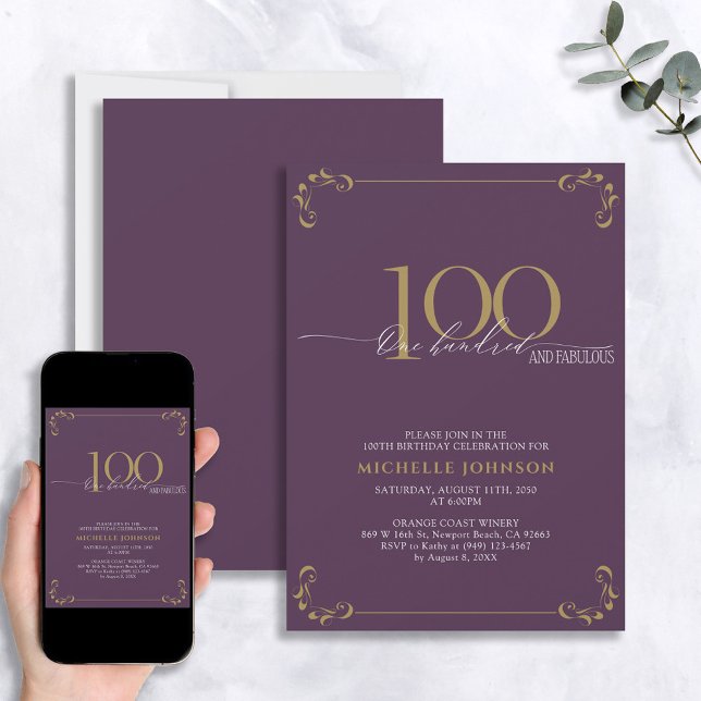 100 & Fabulous Purple & Gold Calligraphy Birthday Invitation (Creator Uploaded)