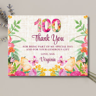100 Flowers Floral Linen 100th Birthday Thank You Postcard