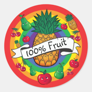 "100% Fruit" rainbow coloured kawaii fruit Classic Round Sticker