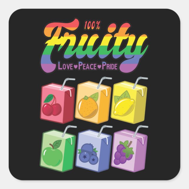 100% Fruity -Love, Peace, Pride: Rainbow Juice Box Square Sticker (Front)