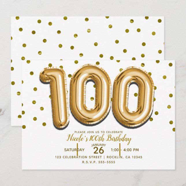 100 Gold Balloons & Confetti 100th Birthday Party Invitation (Front/Back)