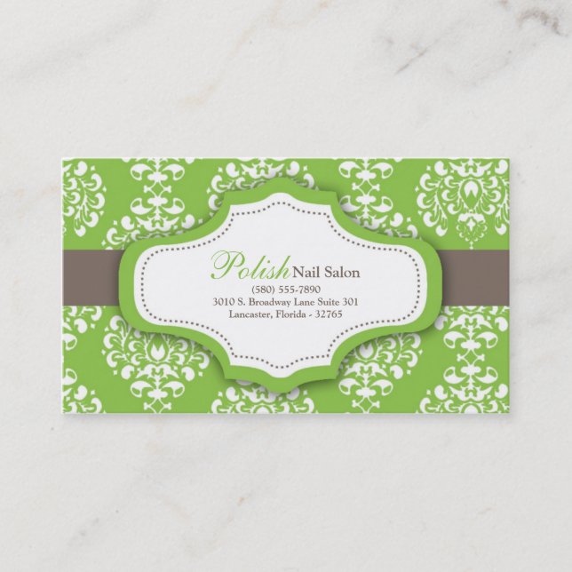 100 Green Damask Nail Technician Business Card (Front)