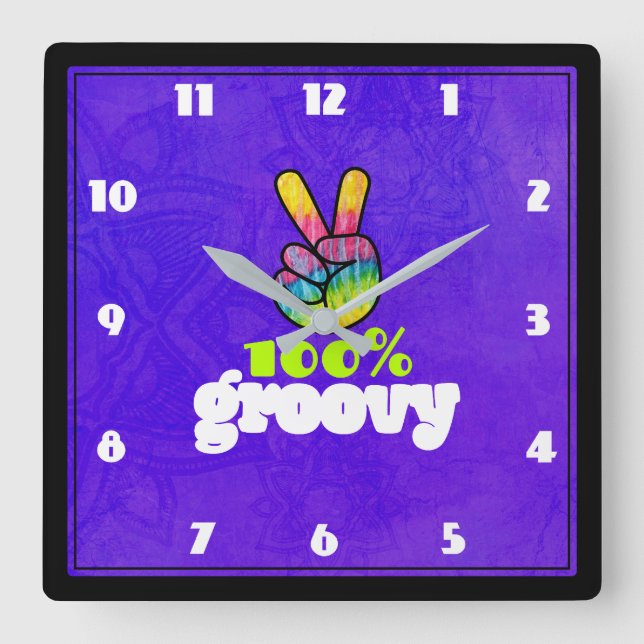 100% Groovy Rainbow Hand Peace Sign Square Wall Clock (Front)