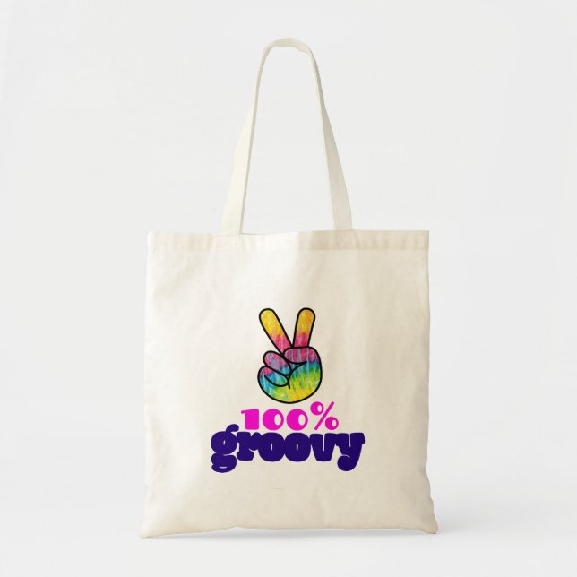 100% Groovy Rainbow Hand Peace Sign Tote Bag (Front)