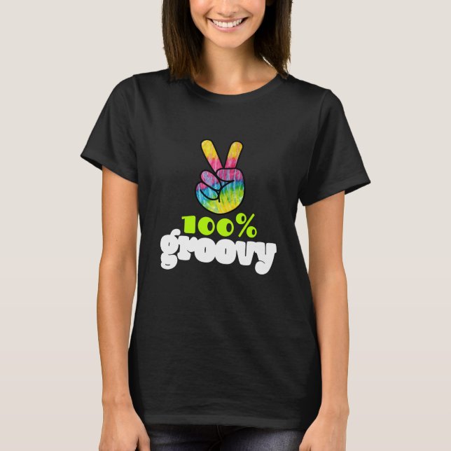 100% Groovy Rainbow with Hand Peace Sign T-Shirt (Front)
