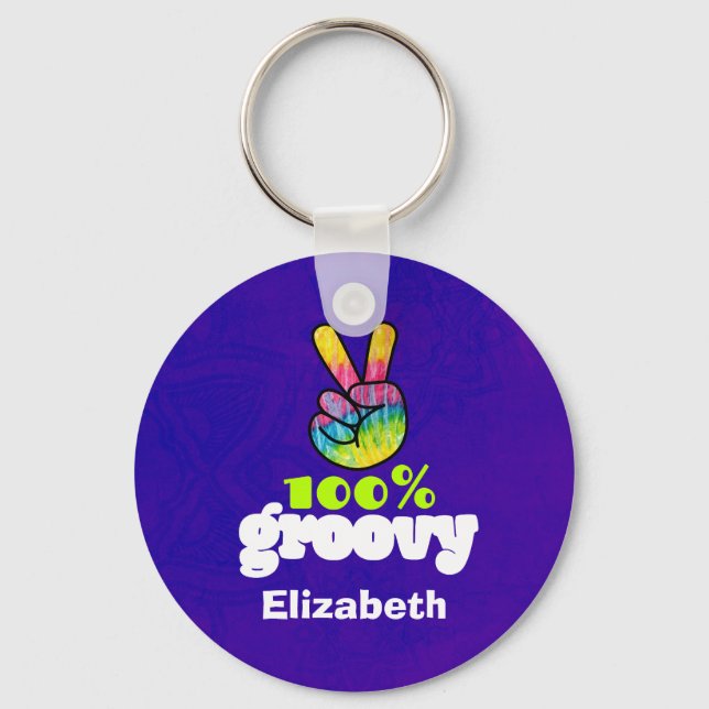 100% Groovy Rainbow with Hand Peace Sign Unique Key Ring (Front)