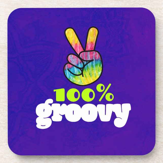 100% Groovy with Rainbow Hand Peace Sign Coaster (Front)