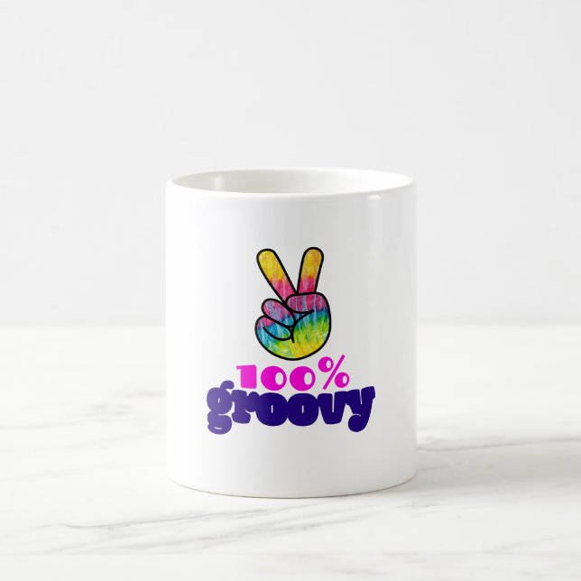 100% Groovy with Rainbow Hand Peace Sign Coffee Mug (Center)