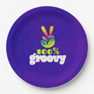 100% Groovy with Rainbow Hand Peace Sign Paper Plate
